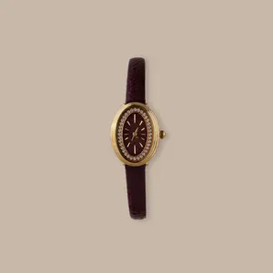 Merlot Strap Timepiece by Caitlyn Minimalist - Burgundy Leather Strap Watch in 18K Gold - Pave Diamond Oval Women's Watch - Anniversary Gift