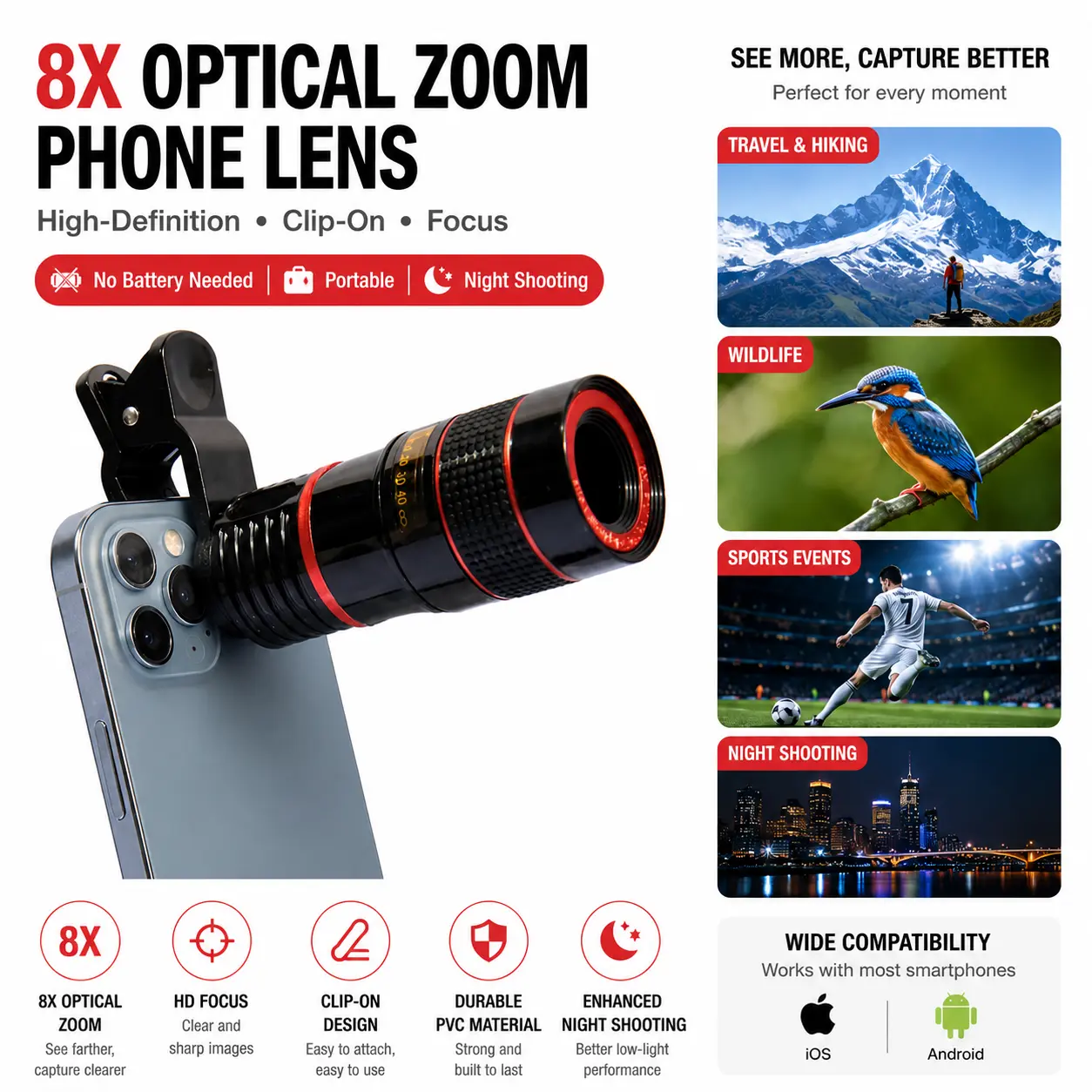 High-Definition 8x Optical Zoom Phone Lens, Clip-On Telescope Lens, Focus Photography Lens, Portable PVC Material, No Battery Needed, Night Shooting, Mobile Camera Zoom Lens for Clear Photos