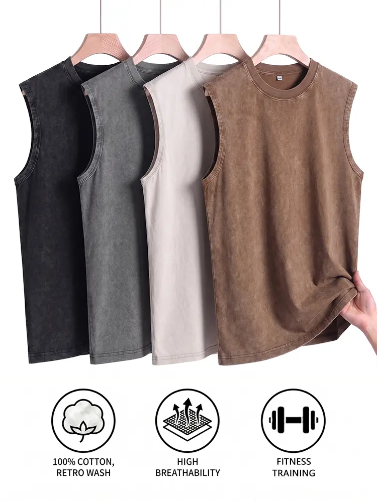 4-Pack Versatile Vintage Washed Cotton Tank Tops, 100% Pure Cotton High Breathability, Loose Crew Neck Sleeveless Street & Training Shirts Bundle