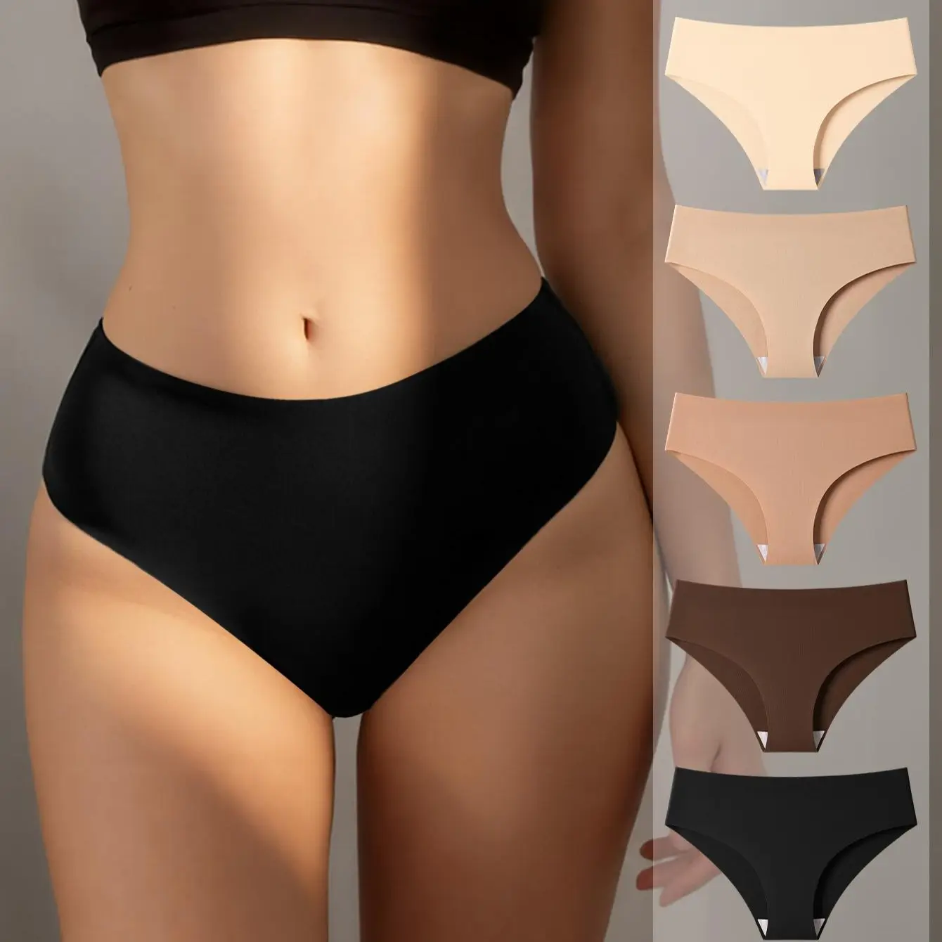 Hotcom Women's Lady Lingerie 5pcs Solid Color Minimalist Drop Waist Seamless Ice Silk Panties - Comfortable Basic Fabric, Breathable Soft Plus Size Everyday Underwear for All Seasons, Casual Wear summerwins,