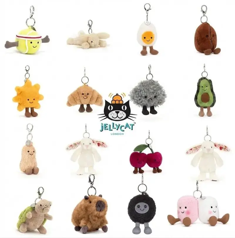 Jellycat collectible plush keychains – soft, cute animal- or food-themed hanging accessories; perfect for gifting, decorating backpacks or car keys, and collecting, while also making items easier to spot.