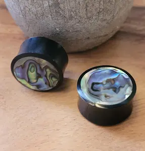 Pair Abalone Shell Organic Buffalo Plugs Ear Gauges 2g 0g 00g 7/16 1/2 9/16 5/8 3/4 inch
