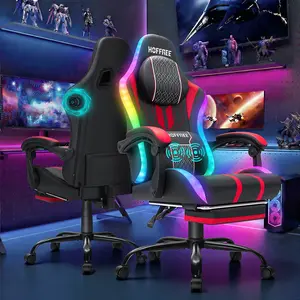 HOFFREE LED Gaming Chair with Speakers and Massage Video Game Chair Big and Tall with Footrest Gamer Chair for 400lbs Computer Desk Chair Red and Black, Red+black