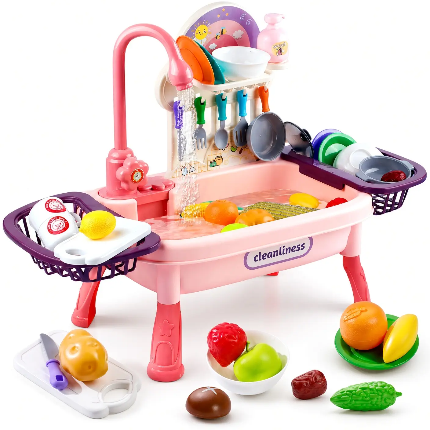 Toddler Play Kitchen Sink Toy with Automatic Water Cycle Faucet, Pretend Cooking Set with Play Dishes, Utensils, Food, Dish Drying Rack, Cleaning Playset for Kids Toys