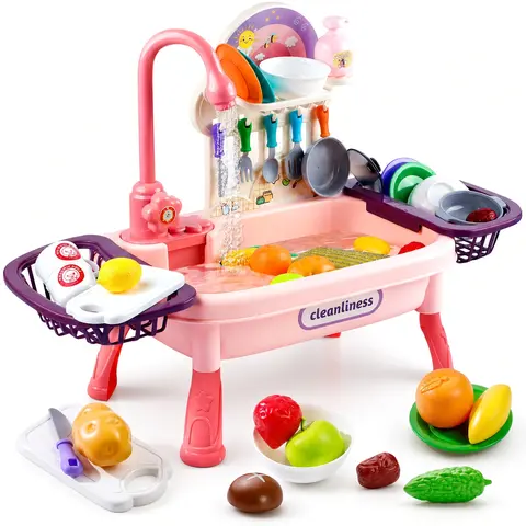 Toddler Play Kitchen Sink Toy with Automatic Water Cycle Faucet, Pretend Cooking Set with Play Dishes, Utensils, Food, Dish Drying Rack, Cleaning Playset for Kids Toys