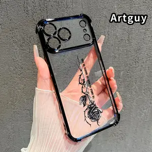 Four Corners Air Cushion Anti-drop Cell Phone Case for iPhone 17 Pro Max 16 15 Plus Air 14 13 12 11 E Rose Reverie Pattern Electroplated Transparent Silicone Cover