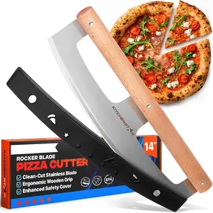 14-Inch Pizza  Rocker  - Razor  Stainless Steel Slicer , Stylish Beech  Handle, Protective Cover - Professional Pizza Oven Accessories,