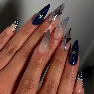 24pcs Gradient Blue Nail Set, Deep Sea Blue & Silver Starry Design, Smooth Glossy Finish, Reusable, Perfect for Parties & Daily Use