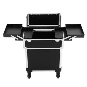 Professional Rolling Makeup Case Travel Cosmetic Trolley with Keys Large Capacity Storage Organizer for Makeup Artists Hairstylists Nail Tech Tools Portable Aluminum Alloy