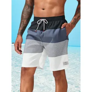 Men's Striped Print Boxer Brief Swim Trunks, Casual Comfy Breathable Swim Shorts for Summer Outdoor, Activewear, Men's Swimwear for Beach Vacation, Clothing, Summer Swim Bottoms, Drawstring Swim Bottom, Swimming Trunks, Swimtrunks