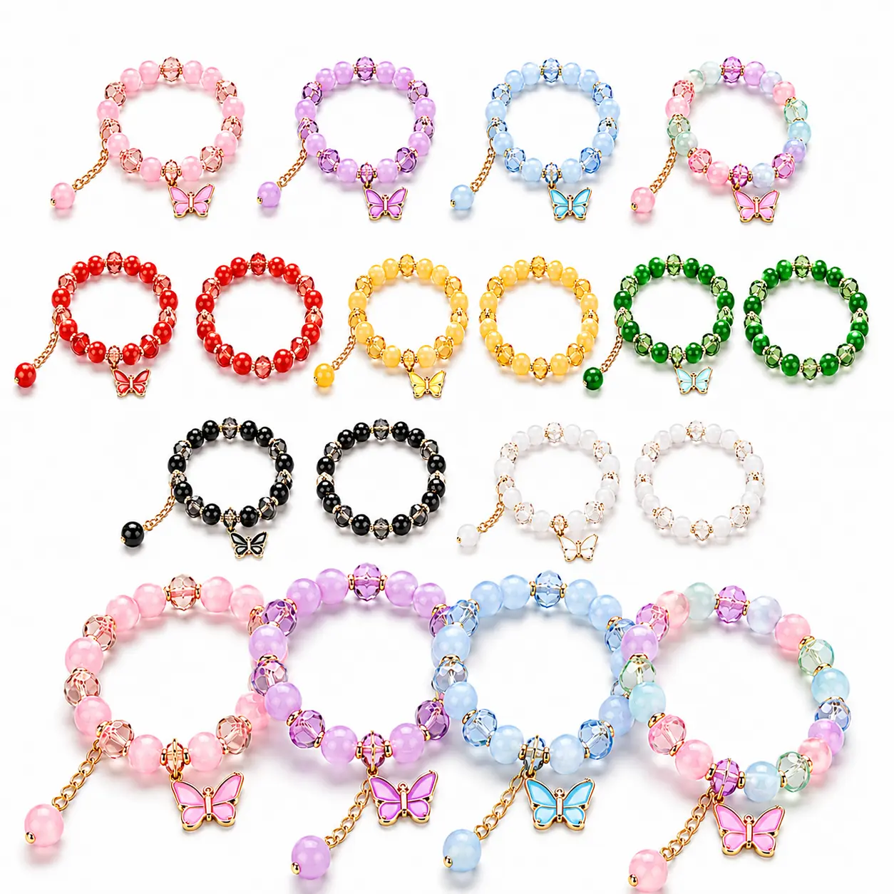 Women's 18-Piece Multicolor Butterfly Glass Bead Stretch Bracelet Set - Crystal-Style, Flower & Charm Accents, DIY Beading Jewelry Supplies for Adults, Party Favors & Gifts Colorful Stackable Stretch Bracelets, Lightweight Everyday Fashion Jewelry Set