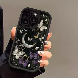 Phone Case - A Durable Black And Purple Butterfly Moon Pattern Phone Case for iPhone 17 E Air Pro ProMax iPhone16 15 14 Plus 13 12 Mini 11 X XS XR. It Makes a Great Gift for Halloween, Easter, Birthdays, Or for Your Girlfriend, Boyfriend