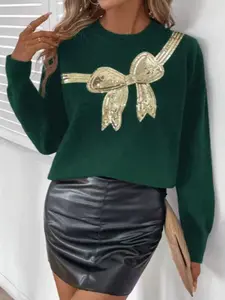 Women's Round Neck Long Sleeve Sparkle Bow Sweater, Custom Designer Fashion Knitwear, Perfect for Fall & Winter Seasons