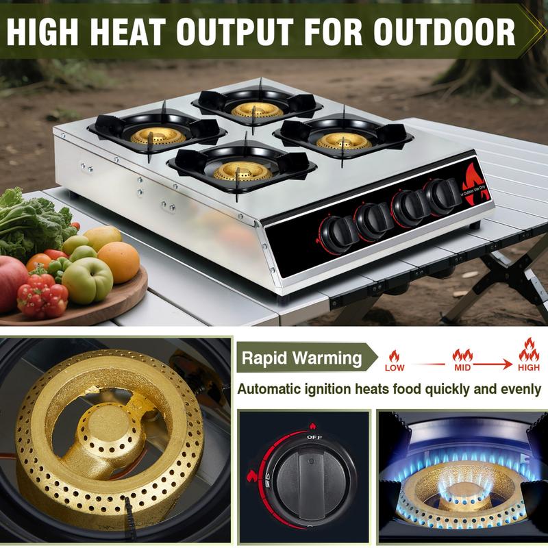 Bestfire 4-Burner Portable Propane Stove | 40,000 BTU Professional-Grade Stainless Steel Cooktop with Enamel Support & Electronic Ignition (Regulator & Hose Included) for Outdoor Cooking