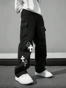 Men's Casual Baggy Cargo Pants - Plain Streetwear Clothing, American High-Street Black Cross Print Trousers, Multiple Pockets, Drawstring Waist, Loose Straight Wide-Leg, Breathable Skin-Friendly, Suitable for Everyday Outings, Campus Commutes