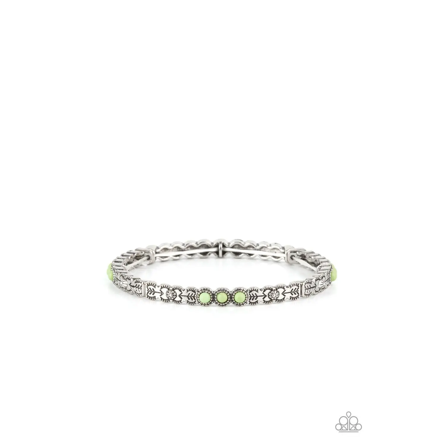 Dainty Stretchy Bracelet for Women - Silver-Tone Links with a Stamped Floral and Arrow Pattern and Green Trio Stones, Colorfully Seasonal Look, Stamped Floral And Arrow Patterns, Floral Arrows