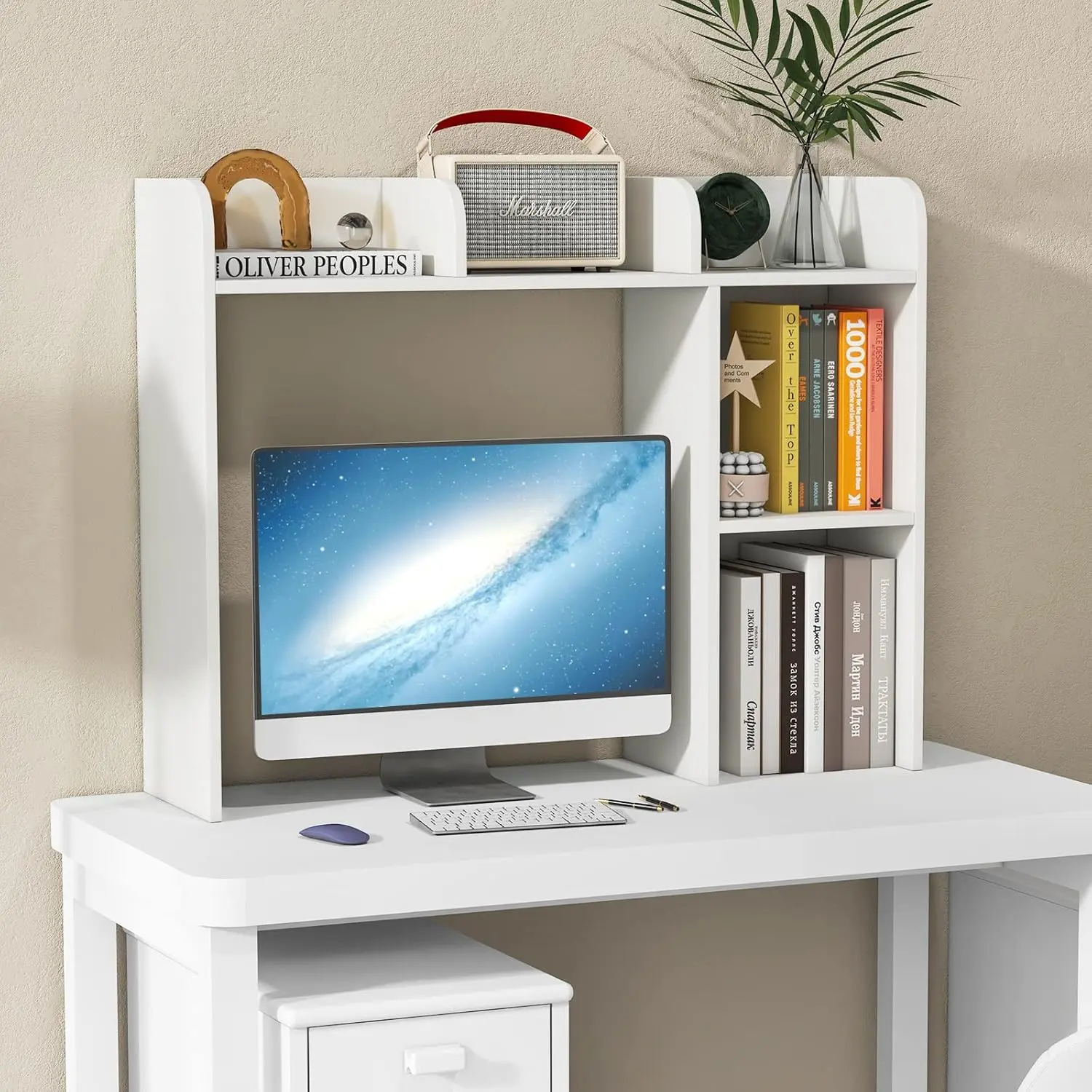 Costway Desktop Bookshelf, Wood Desk Hutch Organizer for 27 Inch Computer Monitor, Countertop Storage Display Rack with 5 Shelves, Multipurpose Desktop Shelf Bookcase for Dorm Office Home, Back to School, White/Natural/Grey Oak/Burlywood/Brown/Black