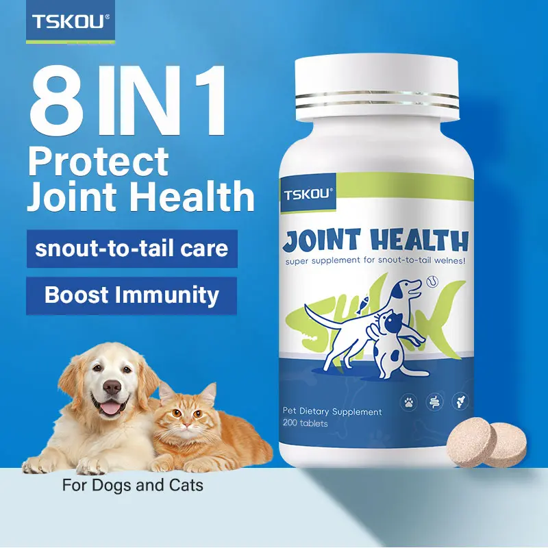 TSKOU 8-in-1 Protection Chewable Joint Care Supplement for Dogs - 1 Bottle (200 Tablets) with 100mg Chondroitin, 240mg Glucosamine & Collagen, 24-Month Shelf Life, Easy-to-Feed Canine Nutritional Support