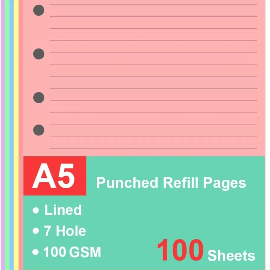 Refills Paper 7-Hole Lined A5 Filler Paper for Planner Inserts A5 Loose Leaf Paper 20 Sheets/C 100 Sheets/200 Pages College Ruled 5.5 X 8.5 Inch
