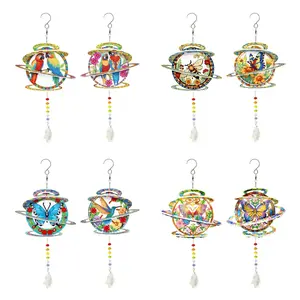 2pcs Flower Bird Butterfly Pattern 5D Craft Double-Sided Diamond Painting Wind Chime, DIY Handmade Hanging Ornament, Home Garden Decor, Birthday Holiday Gift