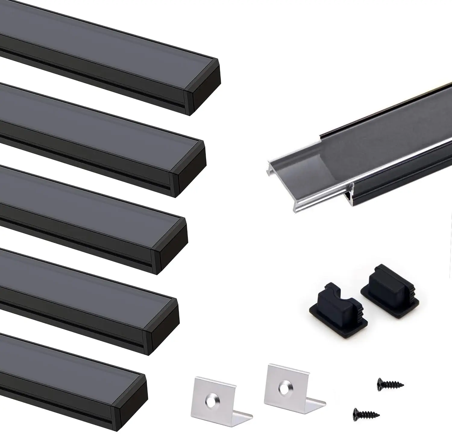 VST 6-Pack U-Shape LED Aluminum Wire Channel, 3.3ft/1M Easy-to-Cut Diffuser Track with Smoke & Clear Covers for Strip Light Installation, Professional Finish