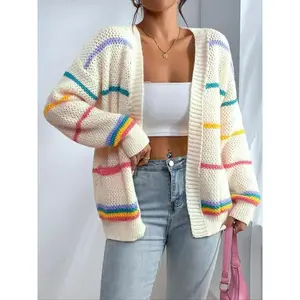 Women's Striped Print Open Front?Cardigan, Casual Drop Shoulder?Long Sleeve Pocket Cardigan?for Fall & Winter, Ladies' Knit Clothing for Daily Wear（gift）
