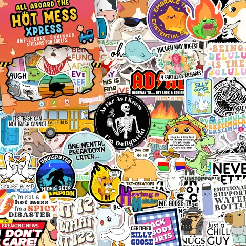 225PCS All Aboard The Hot Mess Xpress Stickers Pack Funny Holographic Stickers for Adults, Waterproof Vinyl Pack Sarcastic Relatable Meme Decals for Laptop, Water Bottle, Phone, Kindle, Journal, Scrapbooking, No Repeats