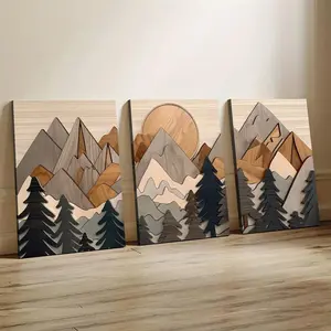 3pcs Wood Frame Wooden mountain murals, rural wood effect art, forest art Painting, Creative print,Waterproof Canvas Wall Art, Artwork Wall Painting For Gift, Bedroom, Living RoomWall Decor, Home And Dormitory Decoration