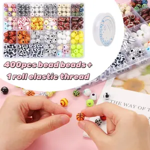 400 Pcs Sports Ball Beads Set - with 1 Roll Elastic Thread, Acrylic & Plastic, for DIY Jewelry Making, Includes Baseball, Basketball, Football, Volleyball, Craft Supplies for Bracelets, Necklaces, Keychains household sewing accessory