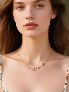 Purple Crystal Sunflower Necklace, Star Shine Necklace, Gold and Silver Dual-Color Jewelry, sunflowers and small flower pendants paired with vibrant purple crystals, suitable for bohemian styles and everyday wear