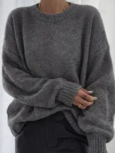 Women's Loose-Fitting Knit Sweater, Round Neck Design, Multifunctional Bell Sleeve, Side Slit Zipper Detail, Casual Fall/winter Wear Knitwear