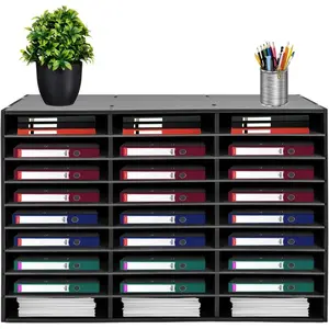 Mail Organizer - Wood Literature Organizer with Adjustable Shelves for Classroom, Home Office - Black File Tray Desk Supplies Set Marker Pen Holder