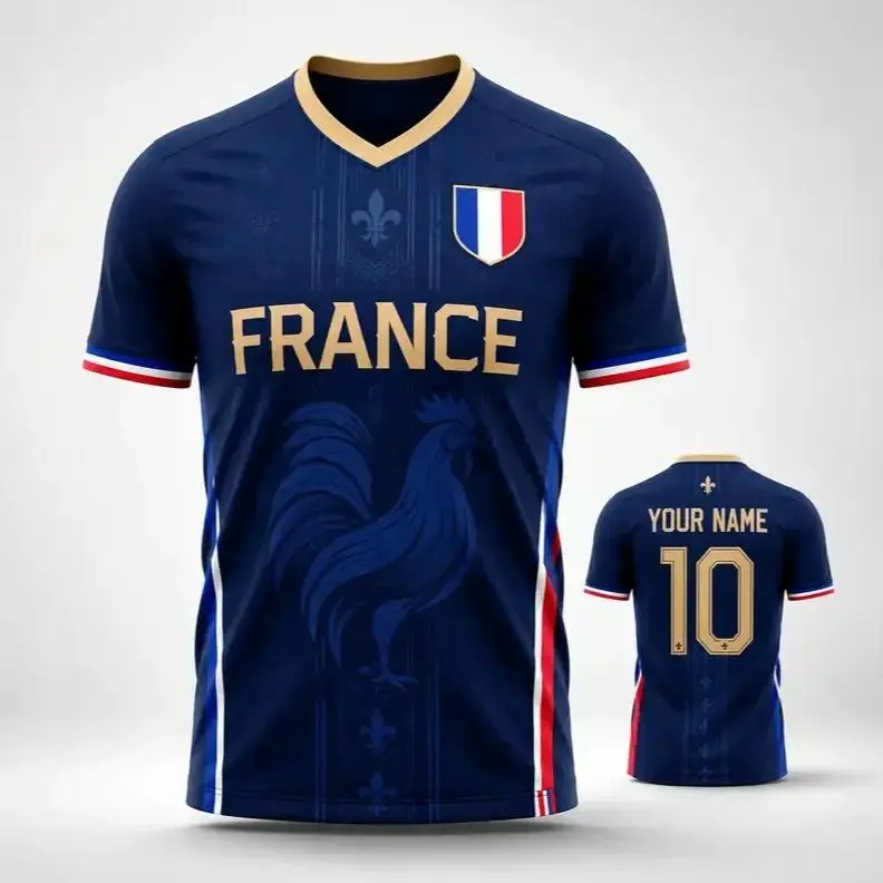 France Navy Gold Soccer Jersey Shirt, Custom Name Number Fan Shirt