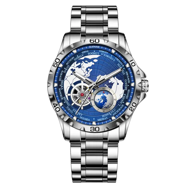 Business Men World Map Skeleton Automatic Stainless Steel Wrist Watch business fashion wristwatch