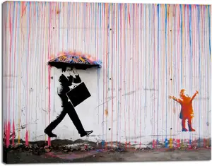 Qesonoo Banksy Raining Day or Colorful Graffiti Street Famous Canvas Paintings Wall Art Modern Inspirational Grey Love Pictures Print Artwork for Dining Room Kitchen Home Office Decor