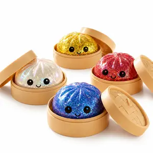 New Glitter Dumpling Squishy with Steamer Box, Aesthetic Soft Sensory Fidget Steamed Bun Squeeze Toy for Adult Stress & Anxiety Relief