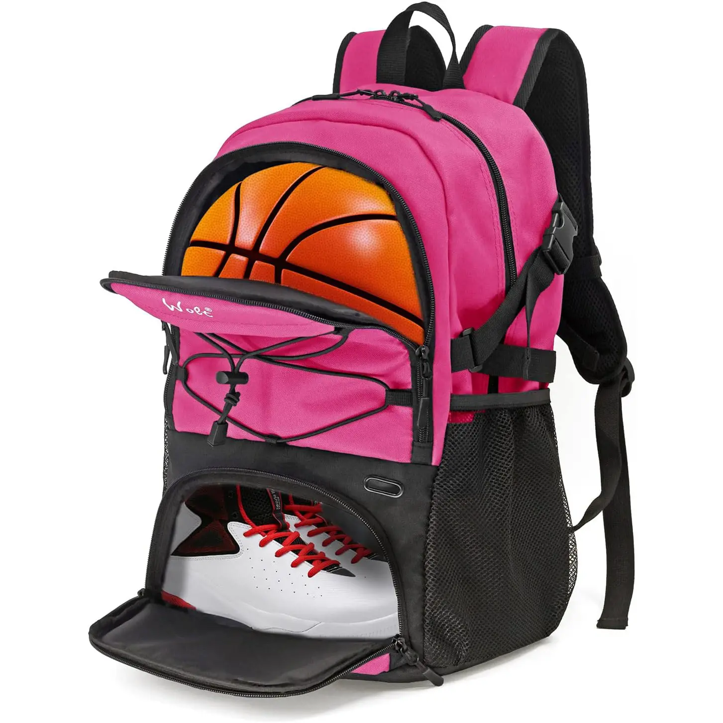 WOLT Unisex Large Oxford Fabric Gym Sports Backpack - Water Resistant, Ball Pocket, Separate Shoes Compartment, Contoured Shoulder Straps, Extensible Cord, Laptop & Bottles Pockets, Pink (Fits Basketball, Soccer), Adults, Football, Extra Pockets