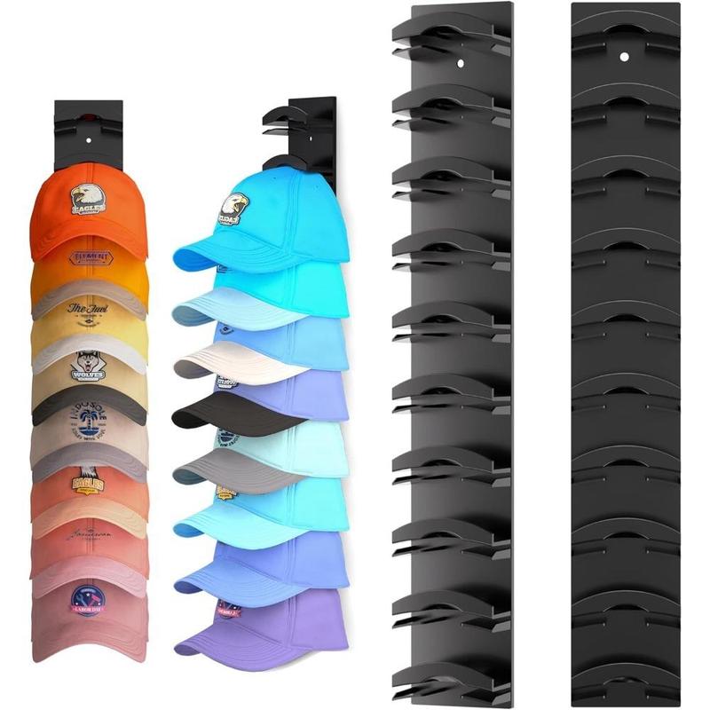 Black 2-Pack Hat Organizer Shelves - Home Decor Supplies, Universal Fit Hooks, Strong Adhesive Hold, Wall or Door Mount Options, Multilayer Rack, Closet Space Saver, Ample Storage Space, Holds Up to 20 Snapback Hats