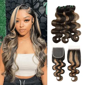 【NEW IN】ALHER 15A Double Drawn #F1B/27 Highlight Bundles with Clourse Body Wave Black and Honey Blonde Bundles and HD Transparent Lace Closure 100% Virgin Human Hair Full 1 Bundle,3 Bundles and 4x4/5X5/2x6 Closure Can Be Dyed & Restyle