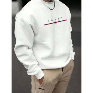Men’s casual loose-fit crewneck sweatshirt with Paris letter print, pullover design, autumn and winter fashion, suitable for outdoor daily wear