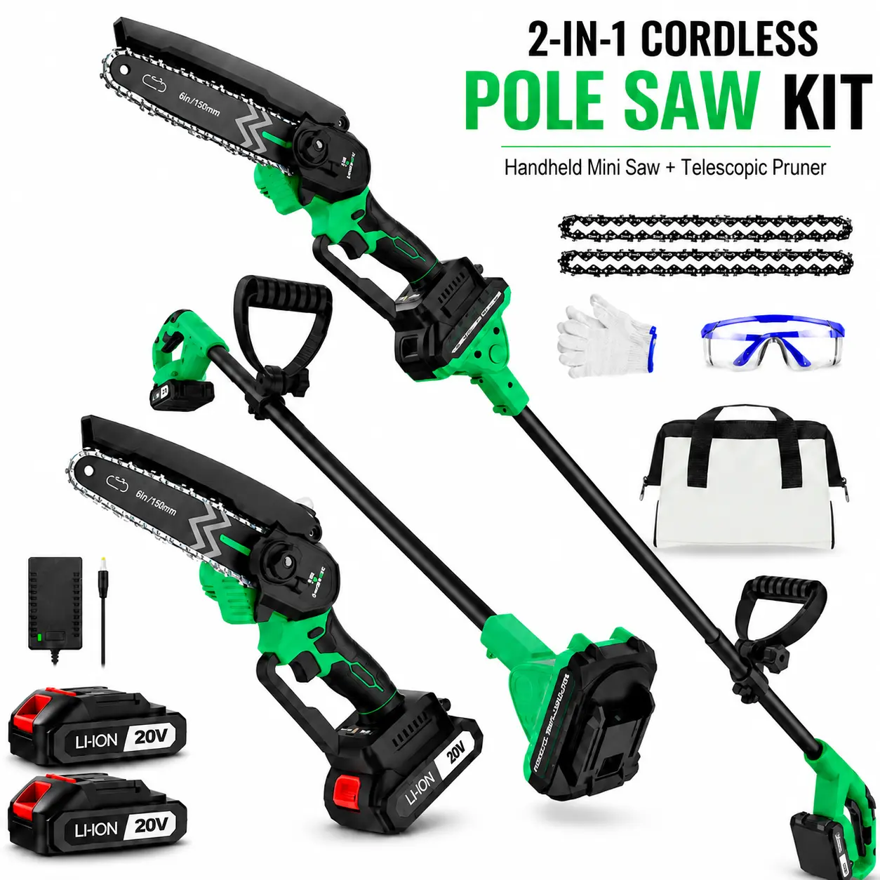 20V 2-in-1 Cordless Pole Saw Kit, 6-Inch Mini Chainsaw with Telescopic Extension Pole, 2 Batteries, Lightweight Electric Tree Trimmer for Branch Pruning, limb,Shrubs, Yard and Garden Care, High Branch Saws, Portable Chainsaw