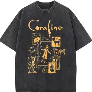 Coraline Movie Character Collage Washed Cotton T-Shirt, Retro Horror Fantasy Casual Oversized Tee, Soft Breathable Vintage Spooky Fantasy Streetwear For Men & Women