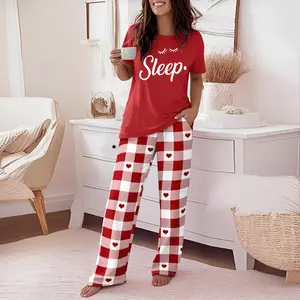 ChicMe 2 Pieces Outfit Sleep Letter Print Round Neck Short Sleeve Top and Heart & Colorblock Plaid Print Elastic Waist Pants Set Casual Loose Fit Pajamas Set