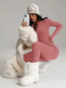 Women's Winter Warm Fleece Tight, Yoga Shaping Dance Cycling One-Piece, Zippered Slim Fit, Fall & Winter Inner Layer, Fitness Activewear, Sporty Comfy Jumpsuit