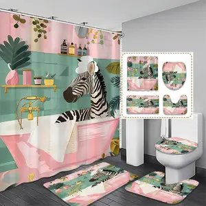 Zebra & Plant Pattern Bathroom Accessories, 1 Set Shower Curtain & Toilet Lid Cover & Bath Mat & U-shaped Mat, Bathroom Decor Supplies