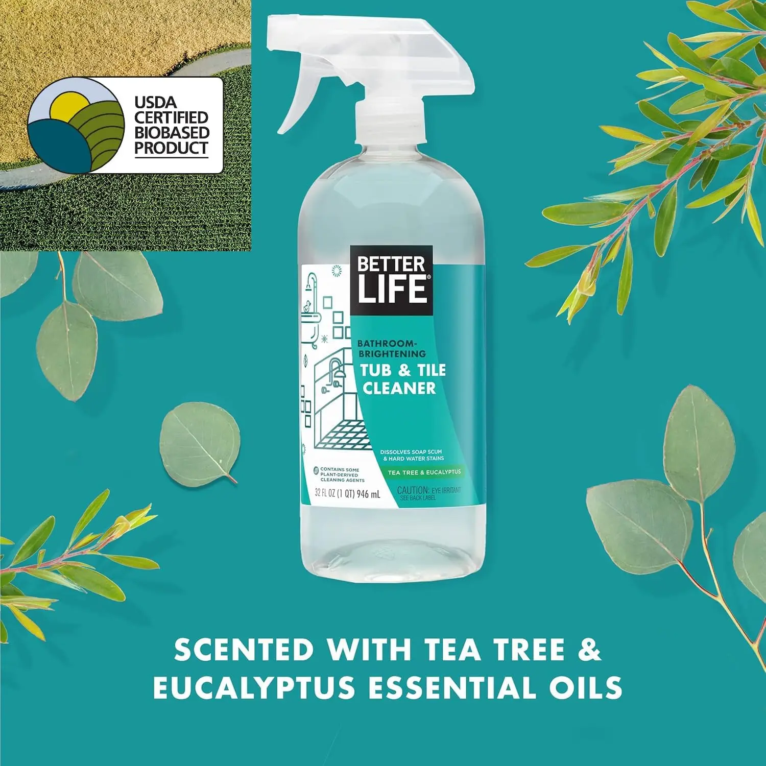 Better Life Bathroom Brightening Tub & Tile Cleaner with Tea Tree & Eucalyptus Essential Oils - Gentle Formula for Tile, Grout, Bathtub, and More