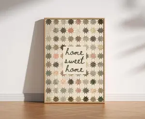 Home Sweet Home Retro Star Pattern Wall Art Print | Vintage Star Quilt Patchwork Cosy Art, Cottagecore Kitchen Decor, Neutral Farmhouse Art