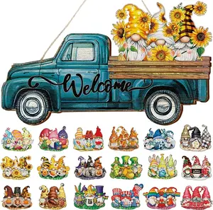 23 Pcs Interchangeable Gnome Welcome Sign for Front Door, Magnetic Seasonal Wooden Truck Door Hanging Decor for Valentines St. Patrick's Day Easter Spring Birthday Holiday Party, Farmhouse Porch Wall Home Decor, Housewarming Gift for Room Office Garden