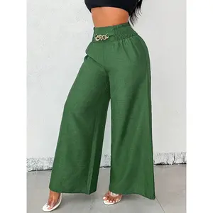 A pair of women's solid-color zipper-enclosed high-waisted stretchable loose-fitting slimming wide-leg trousers that are versatile and suitable for all occasions.