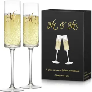Lead-Free Hand-Blown Flute Shape Drinkware Glass Set of 2 - Mr & Mrs, 7oz (7.1oz Capacity), Elegant Wedding Gifts for Engagement Celebrations, Prosecco Serving,summervibes